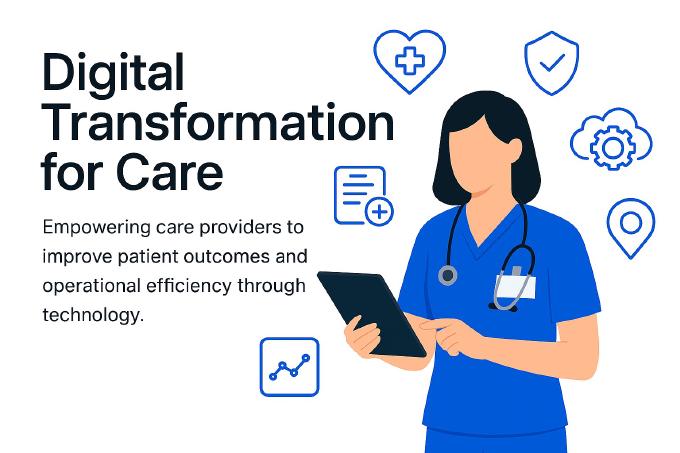 Illustration of a healthcare professional holding a tablet, surrounded by icons for health monitoring, security, and data analytics