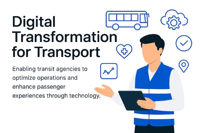 Illustration of a transport worker with a tablet, surrounded by icons for buses, analytics, cloud technology, and location services